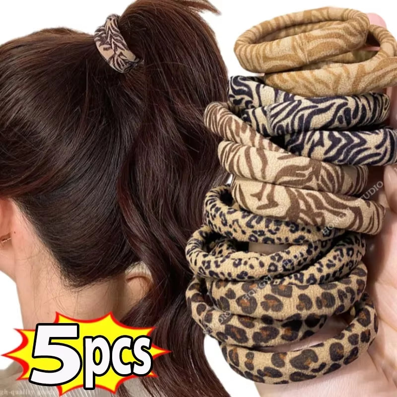 5Pcs Leopard Print High Elastic Hair Ties Scrunchie Ties Women Girls High Elasticity Ponytail Holder Hair Rings Rope Accessories