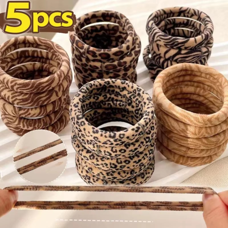 5Pcs Leopard Print High Elastic Hair Ties Scrunchie Ties Women Girls High Elasticity Ponytail Holder Hair Rings Rope Accessories